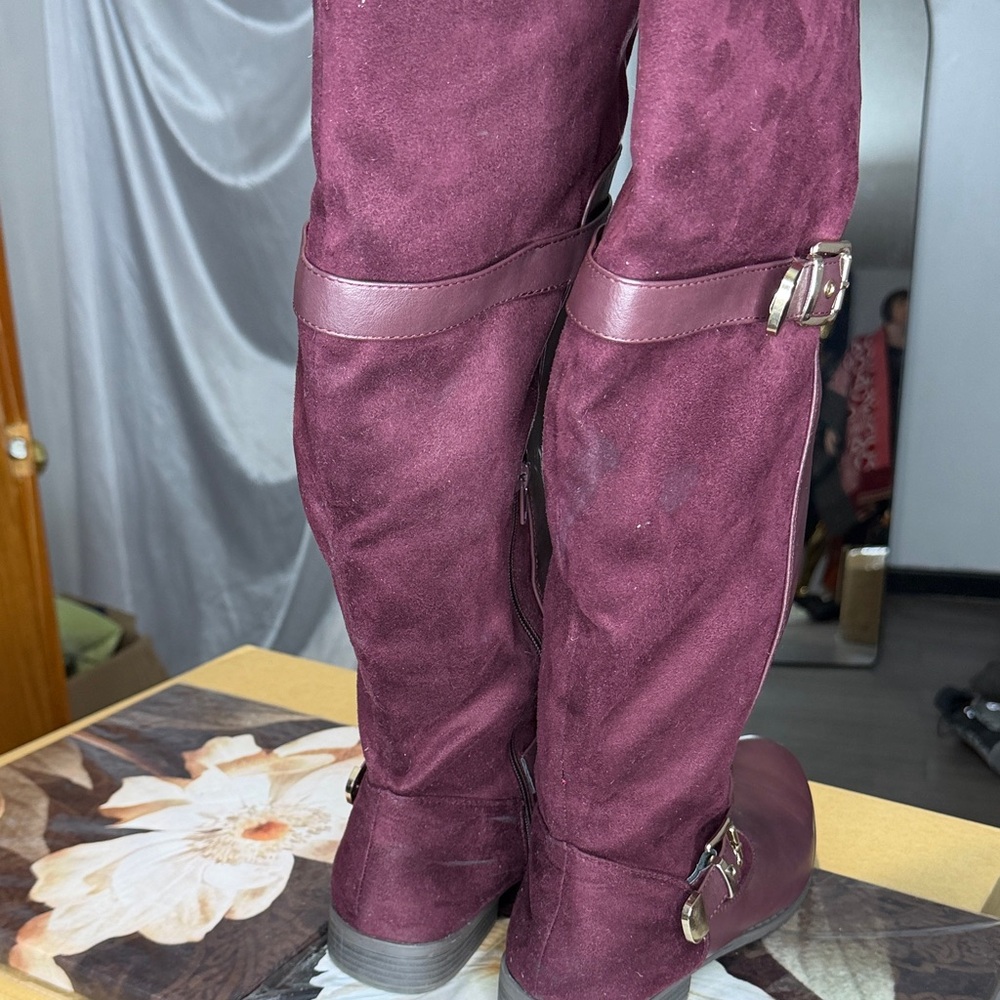 Burgundy Suede Knee-High Boots with Buckle Detail